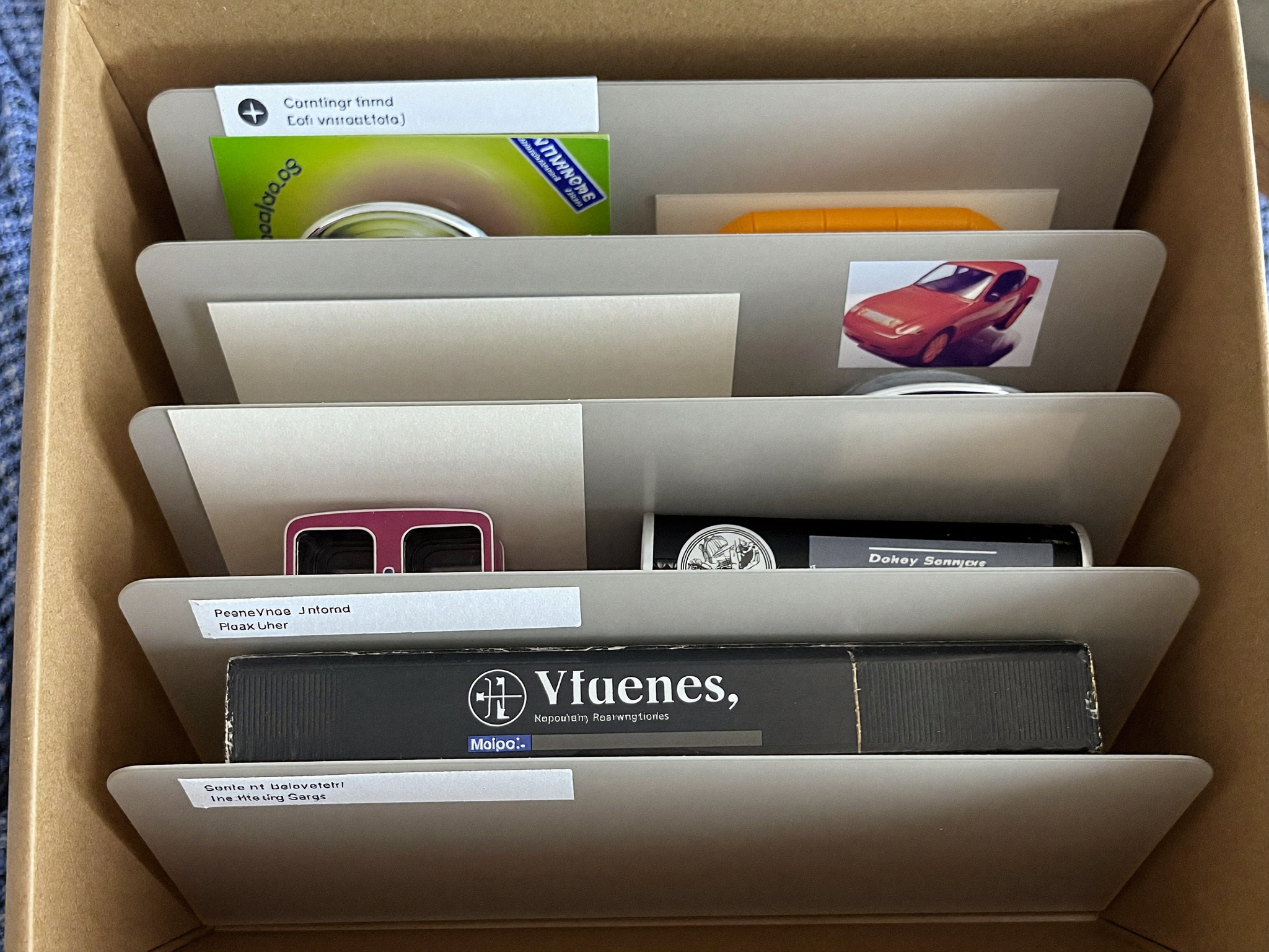 Archivbox mit Trennkarten und wenigen aufbewahrten Erinnerungsstücken