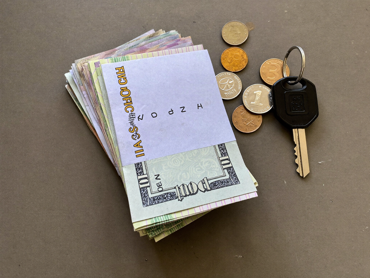 Geldscheine und Münzen neben einem Wohnungsschlüssel