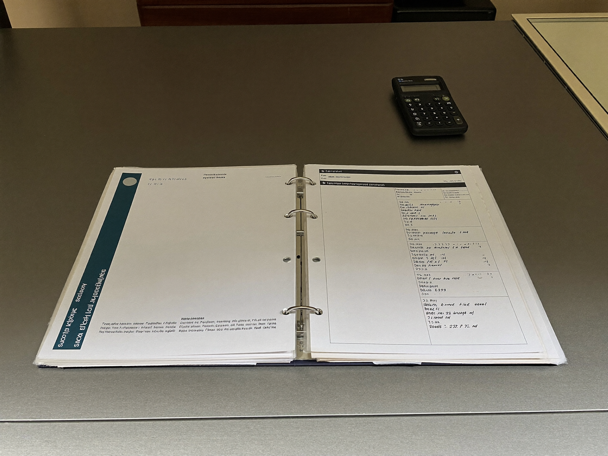 Schreibtisch mit geöffneter Finanzmappe und Taschenrechner