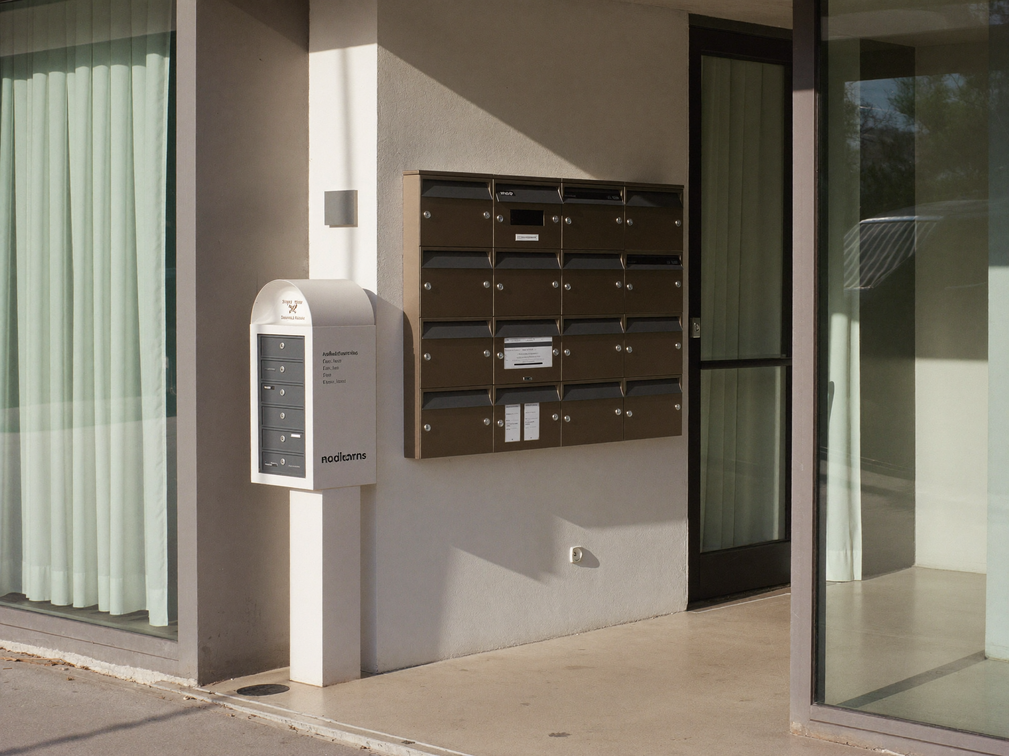 Eingang eines modernen Mehrfamilienhauses mit Briefkaesten