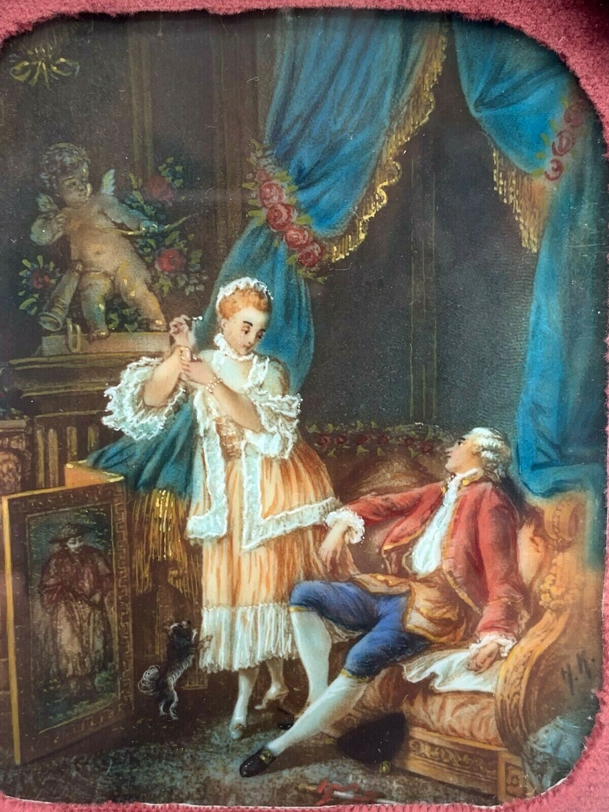 Miniatur Lupenmalerei barockes Bild - Gouache - Silberrahmen um 1899 - signiert1