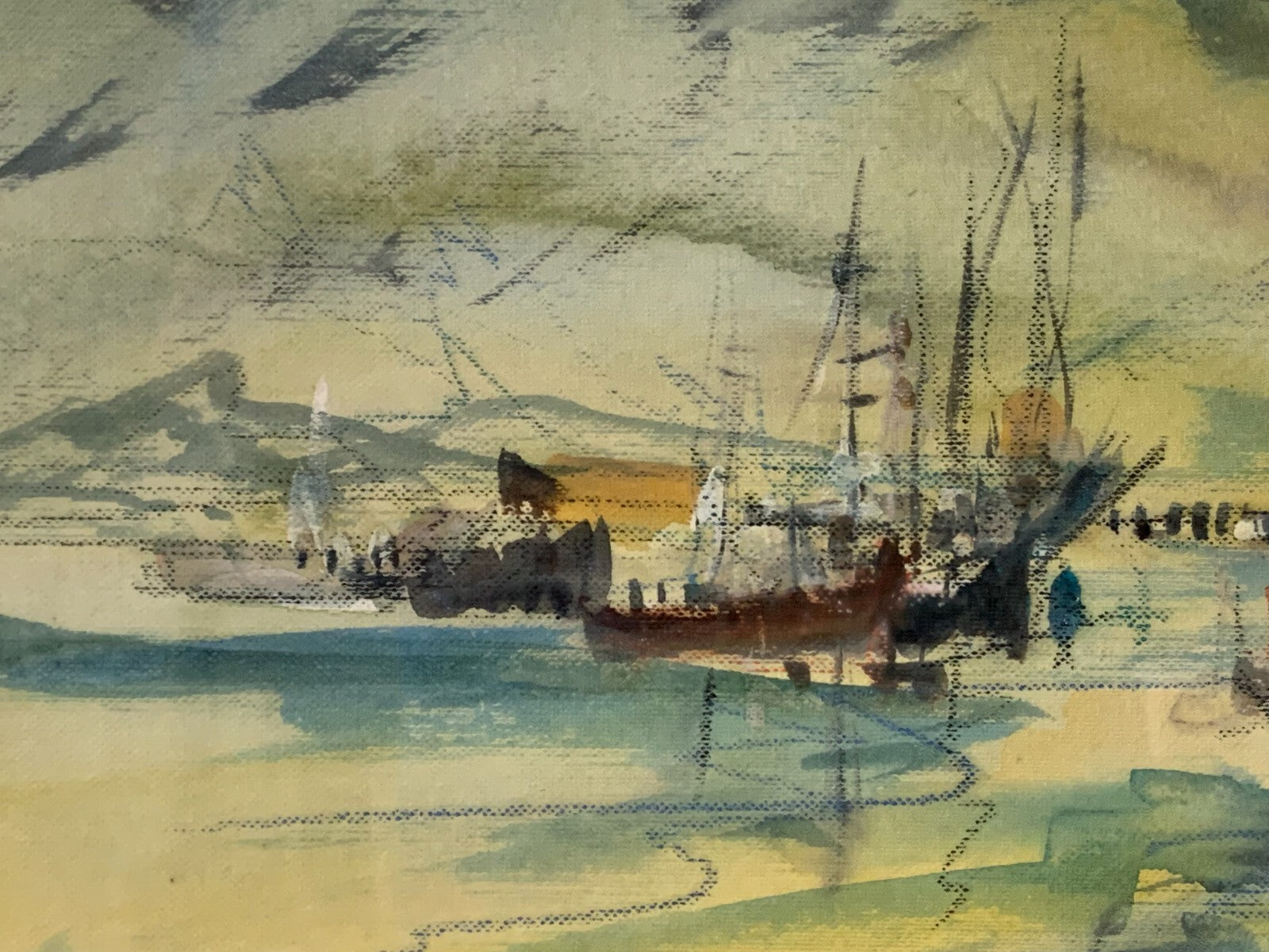Harald Immig - Aquarell Karton - 'Island' Hafenszene 1991 - gerahmt hinter Glas2