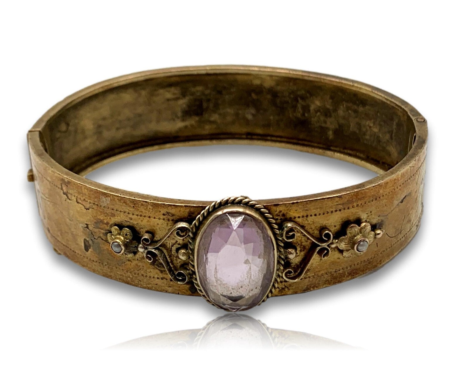 Biedermeier Armreif - 560 Gold ca. 14 Karat - Amethyst mit Saatperlen - um 18300