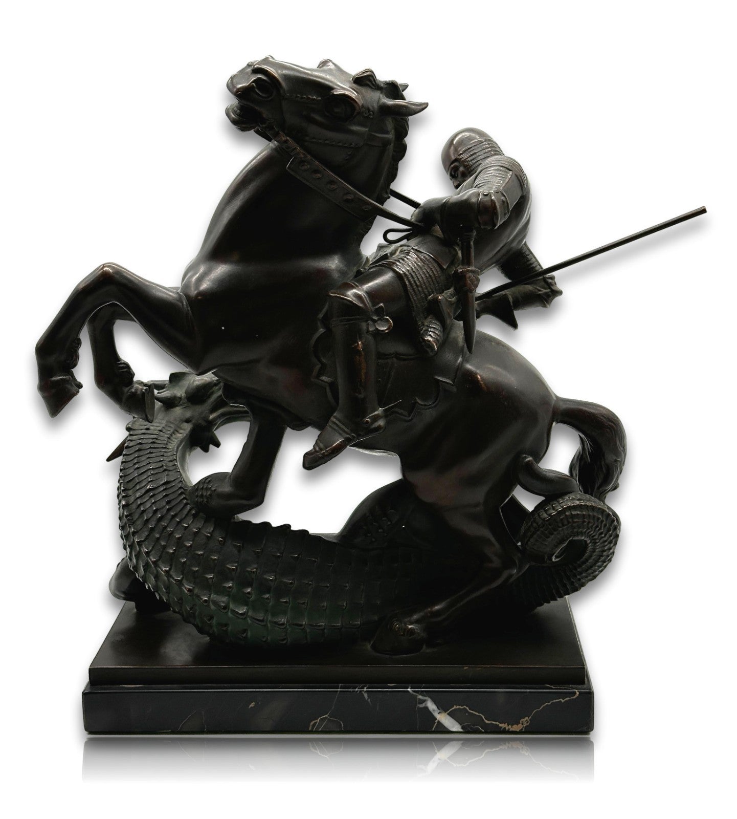 Große Bronze Skulptur - Hl. Georg tötet Drachen - um 1930 - auf Marmorsockel6