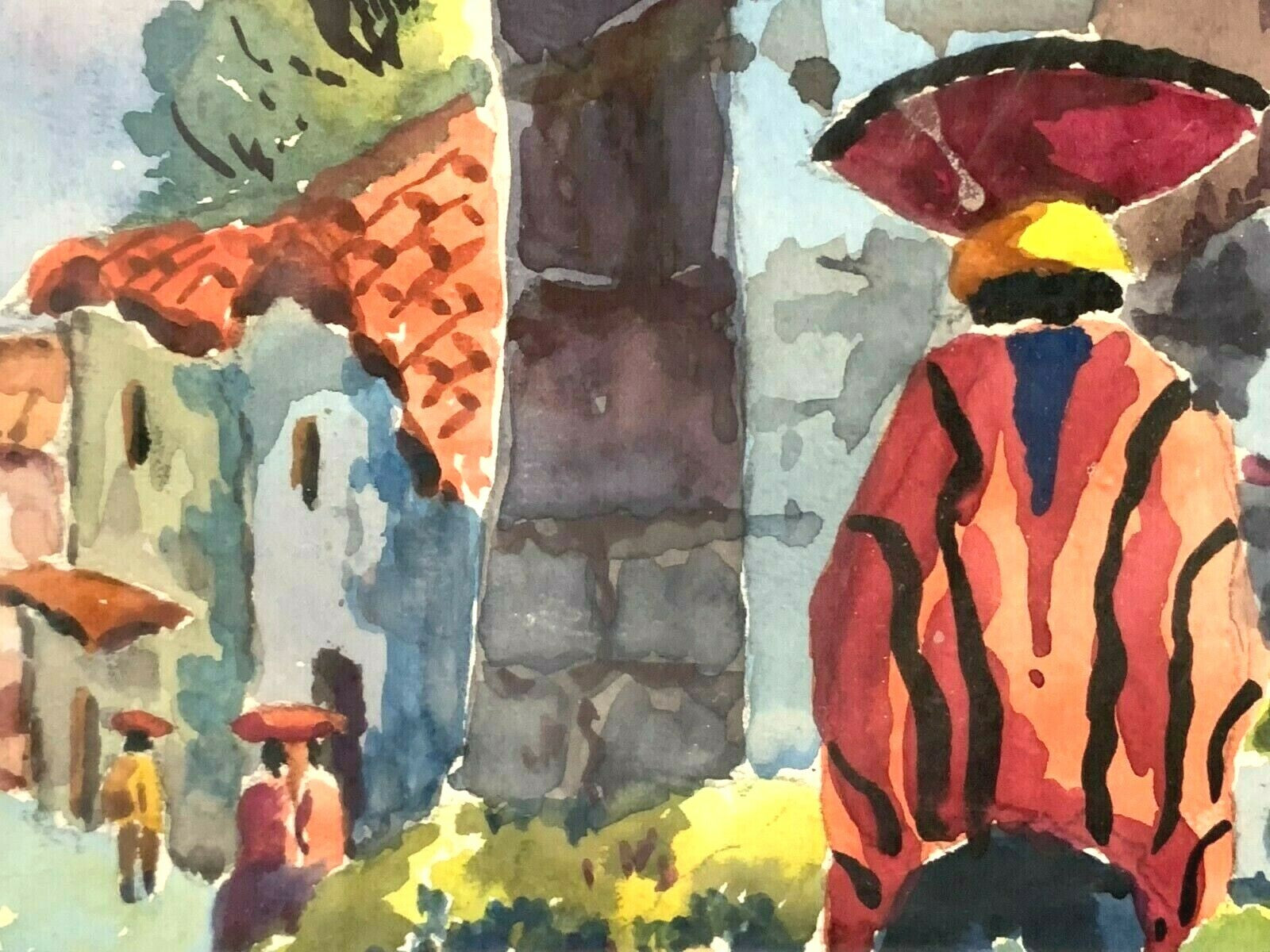 Aquarell - Dorfszene Südamerika Peru Chile - gerahmt hinter Glas - signiert 4