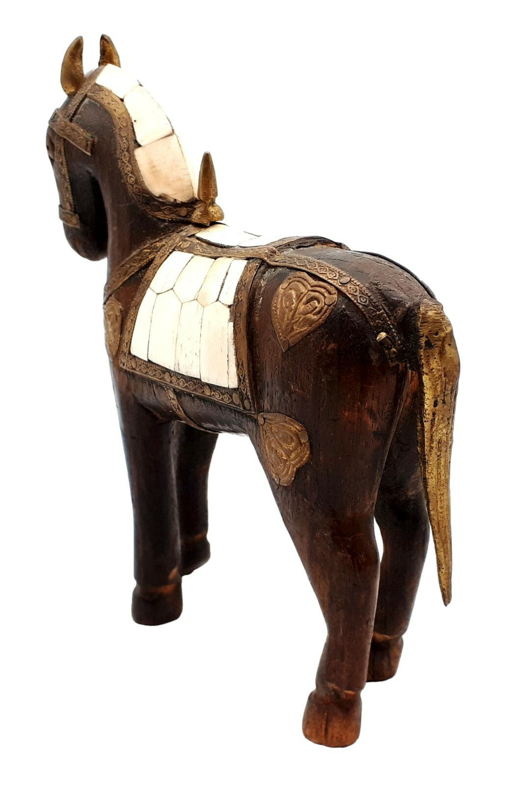 Pferdestatue - Skulptur schnitzerei Holz Bein - Indien um 1850 Messingbeschlag 4