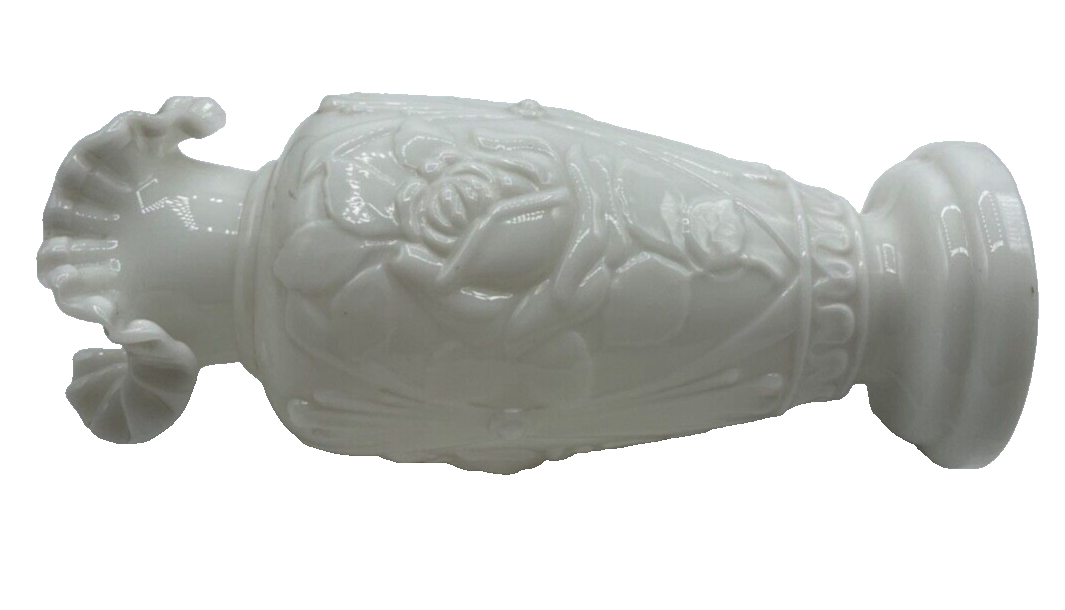 Original Jugendstil Milchglas Opaque Glasvase Rosen Dekor halbplastisch H 24,5cm7