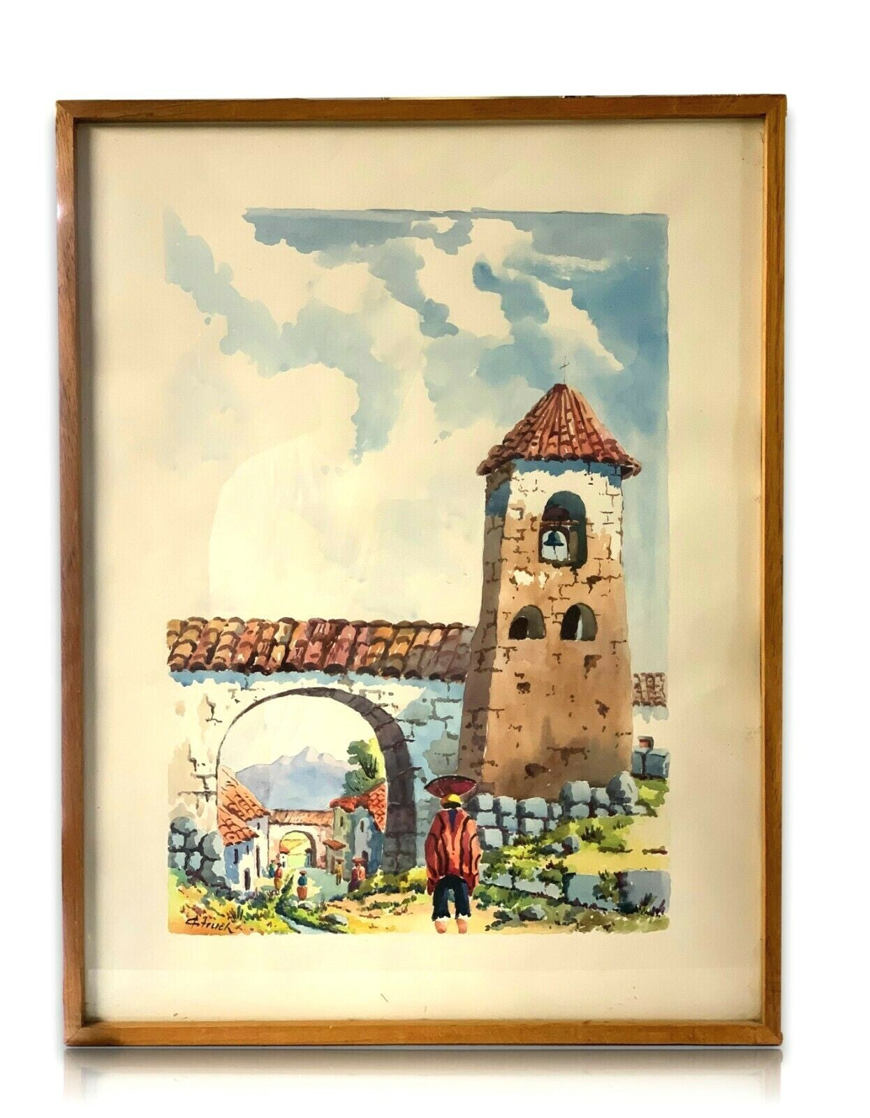 Aquarell - Dorfszene Südamerika Peru Chile - gerahmt hinter Glas - signiert 0