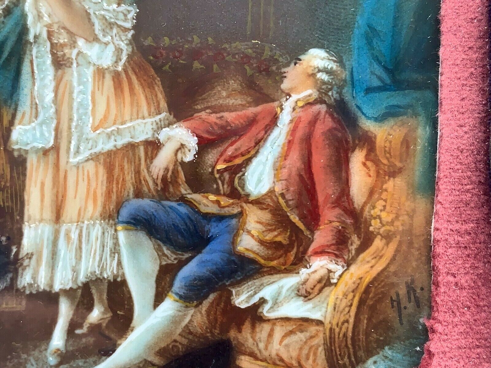 Miniatur Lupenmalerei barockes Bild - Gouache - Silberrahmen um 1899 - signiert2