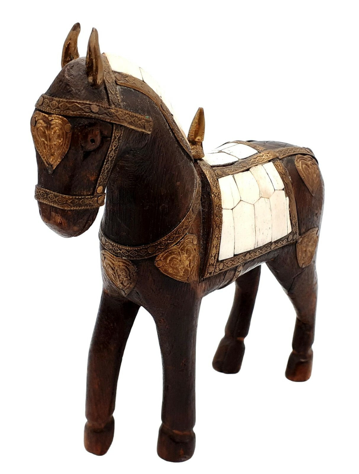 Pferdestatue - Skulptur schnitzerei Holz Bein - Indien um 1850 Messingbeschlag 1