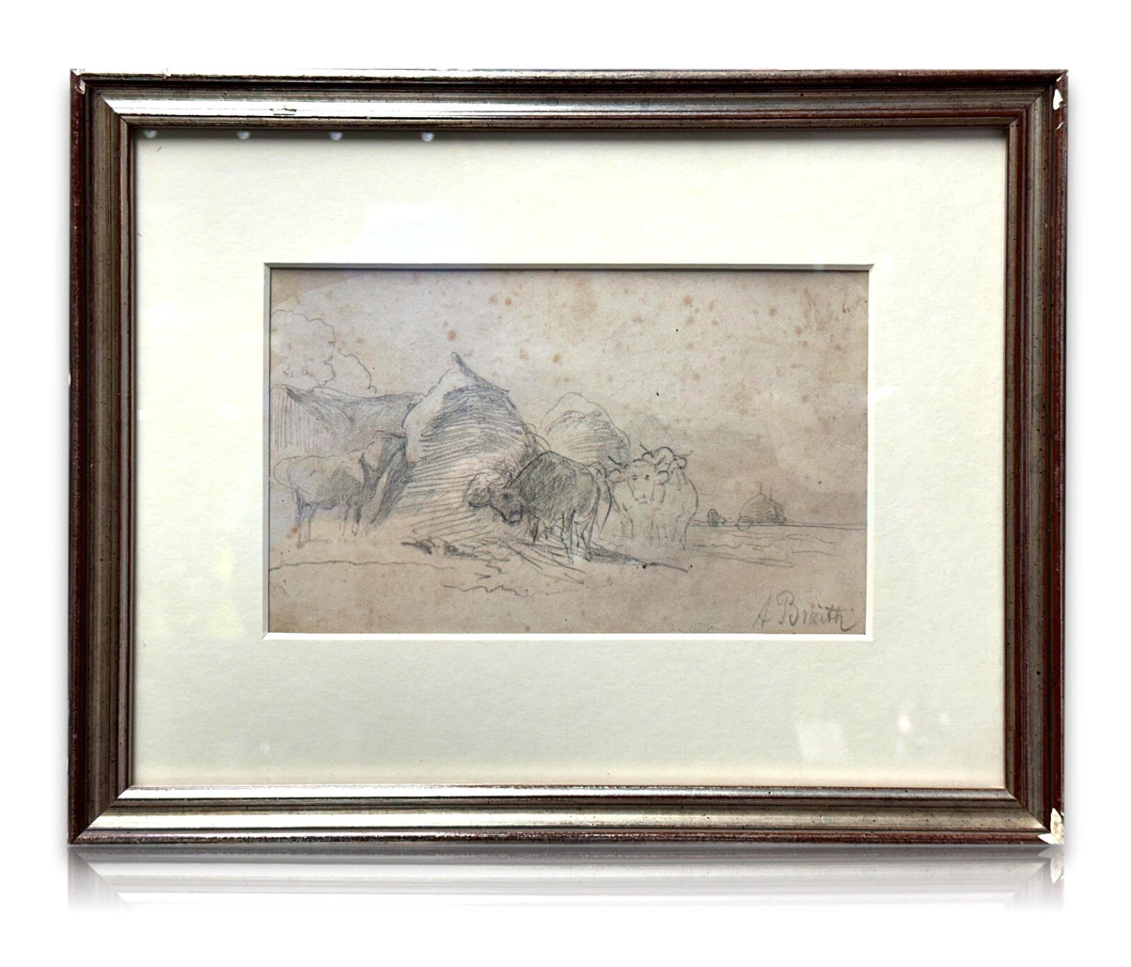 Bleistiftzeichnung - Anton Braith (1836-1905) - Kühe Skizze Studie - gerahmt0