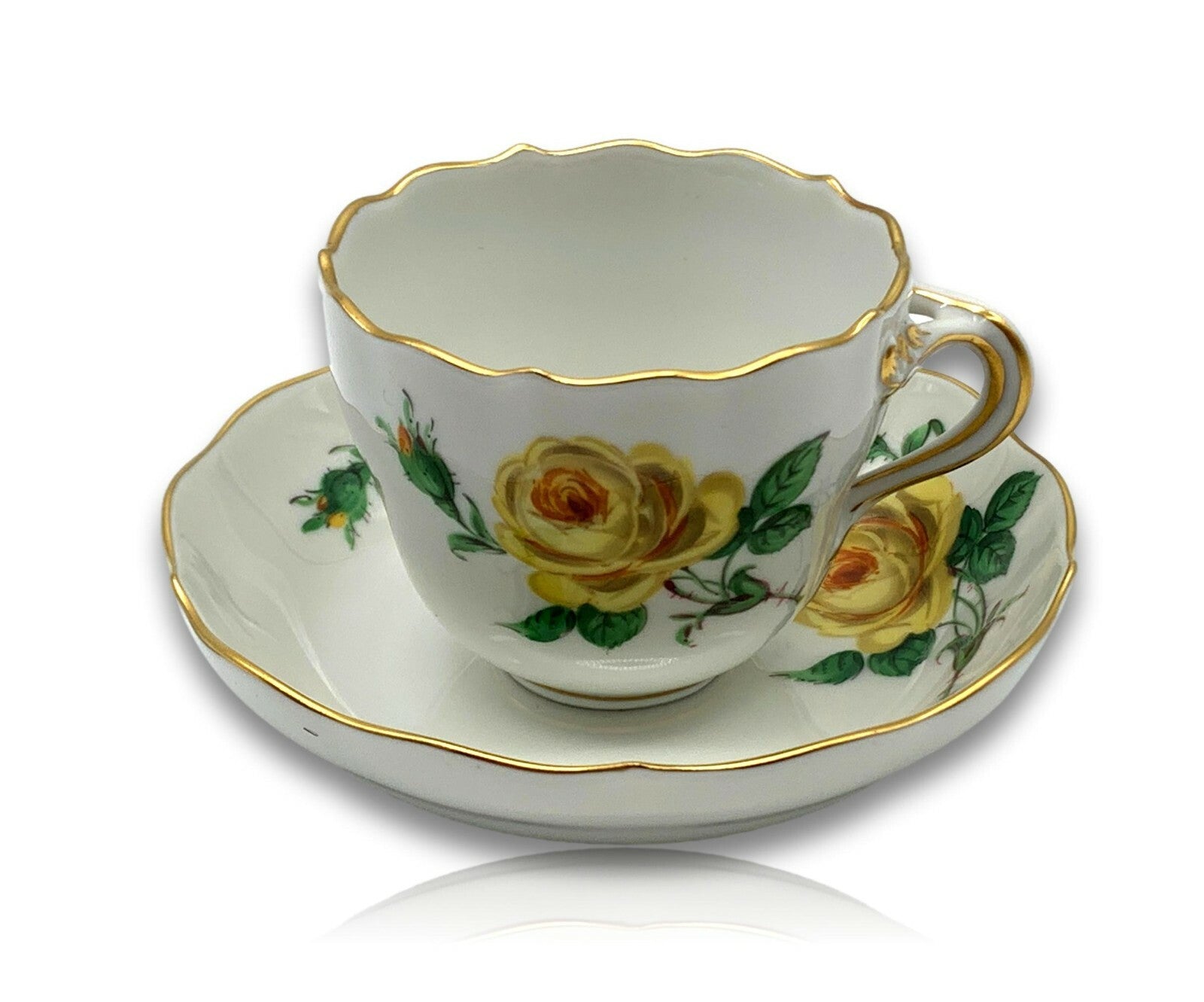 Meissen - Mokkatasse - Dekor Gelbe Rose - Handbemalt - Goldstaffage0