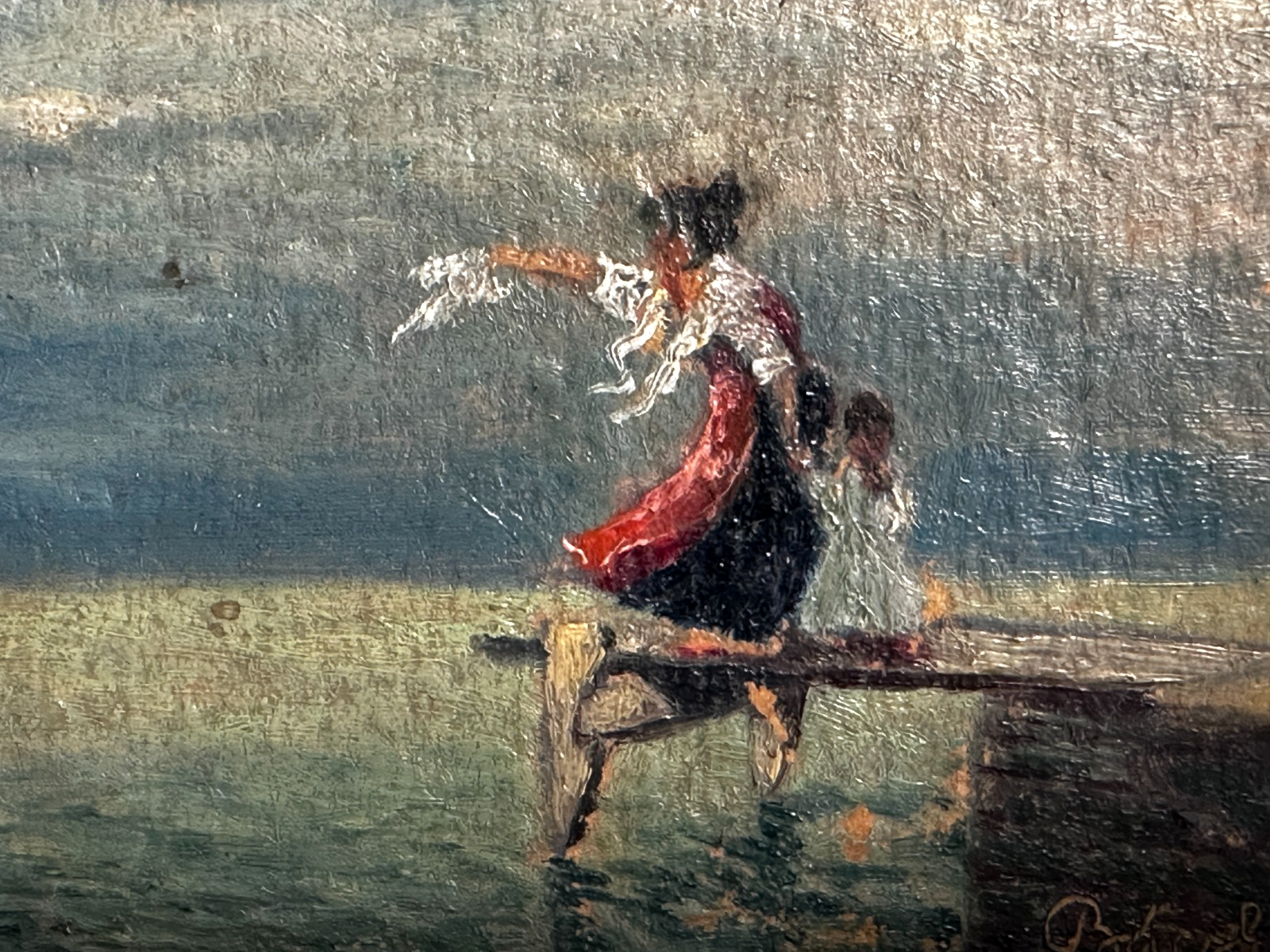 Feines spätromantisches Miniaturgemälde – Abschiedsszene am Meer - ca. 18601