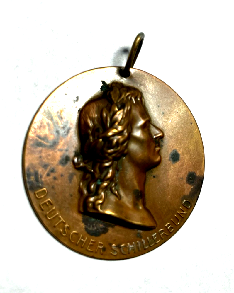 Antik Friedrich von Schiller Plakette Medaille Anhänger Kupfer Blech um 19053