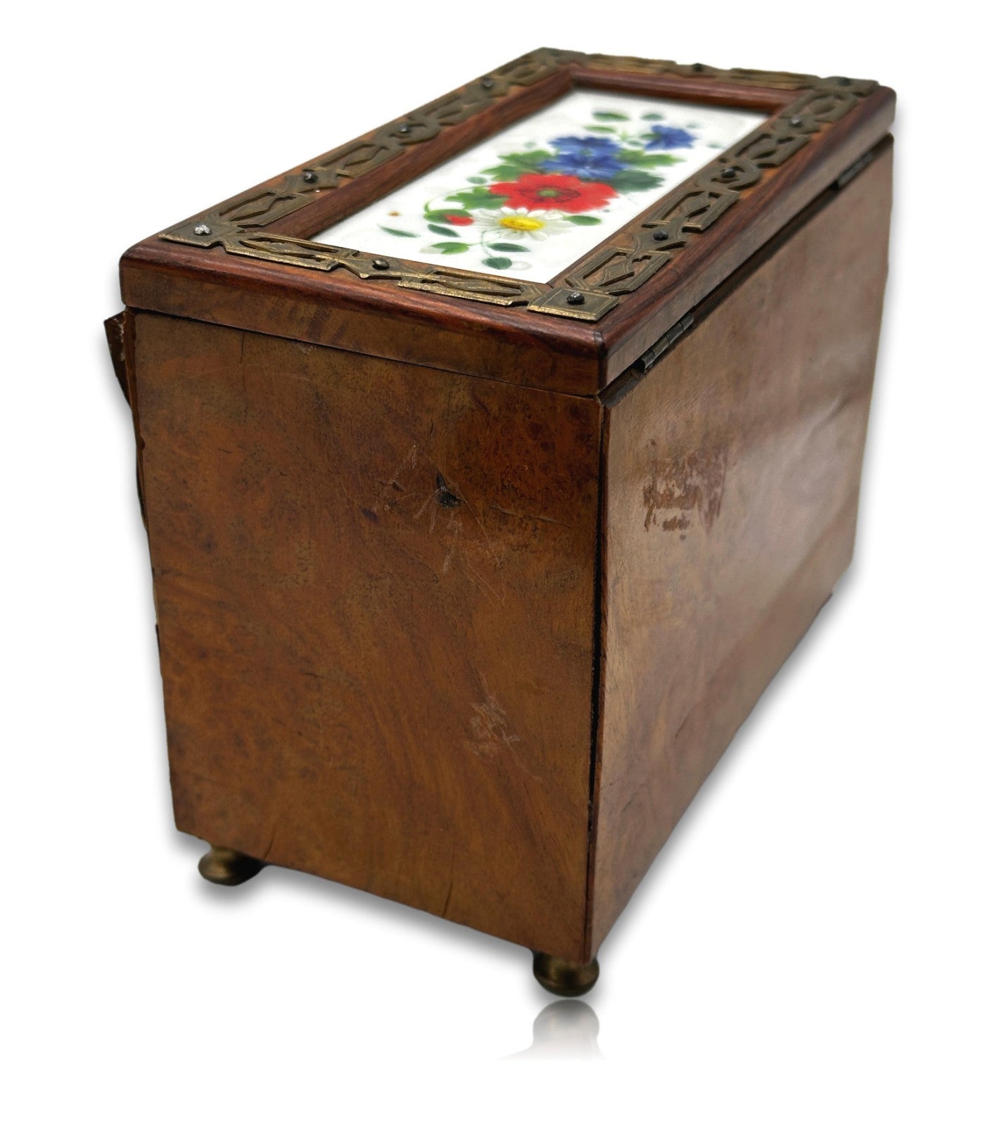 Jugendstil - Reisetantalus um 1900 Nussfurnier Messing Porzellan 3 Flakons antik5