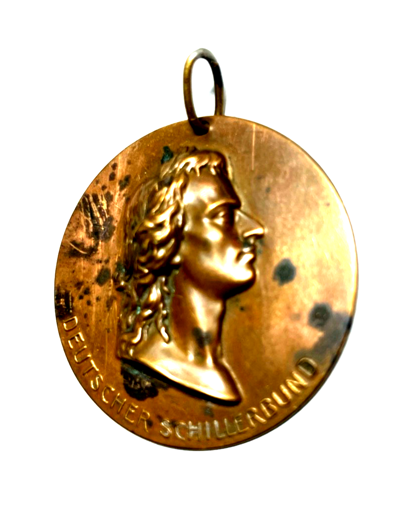 Antik Friedrich von Schiller Plakette Medaille Anhänger Kupfer Blech um 19052
