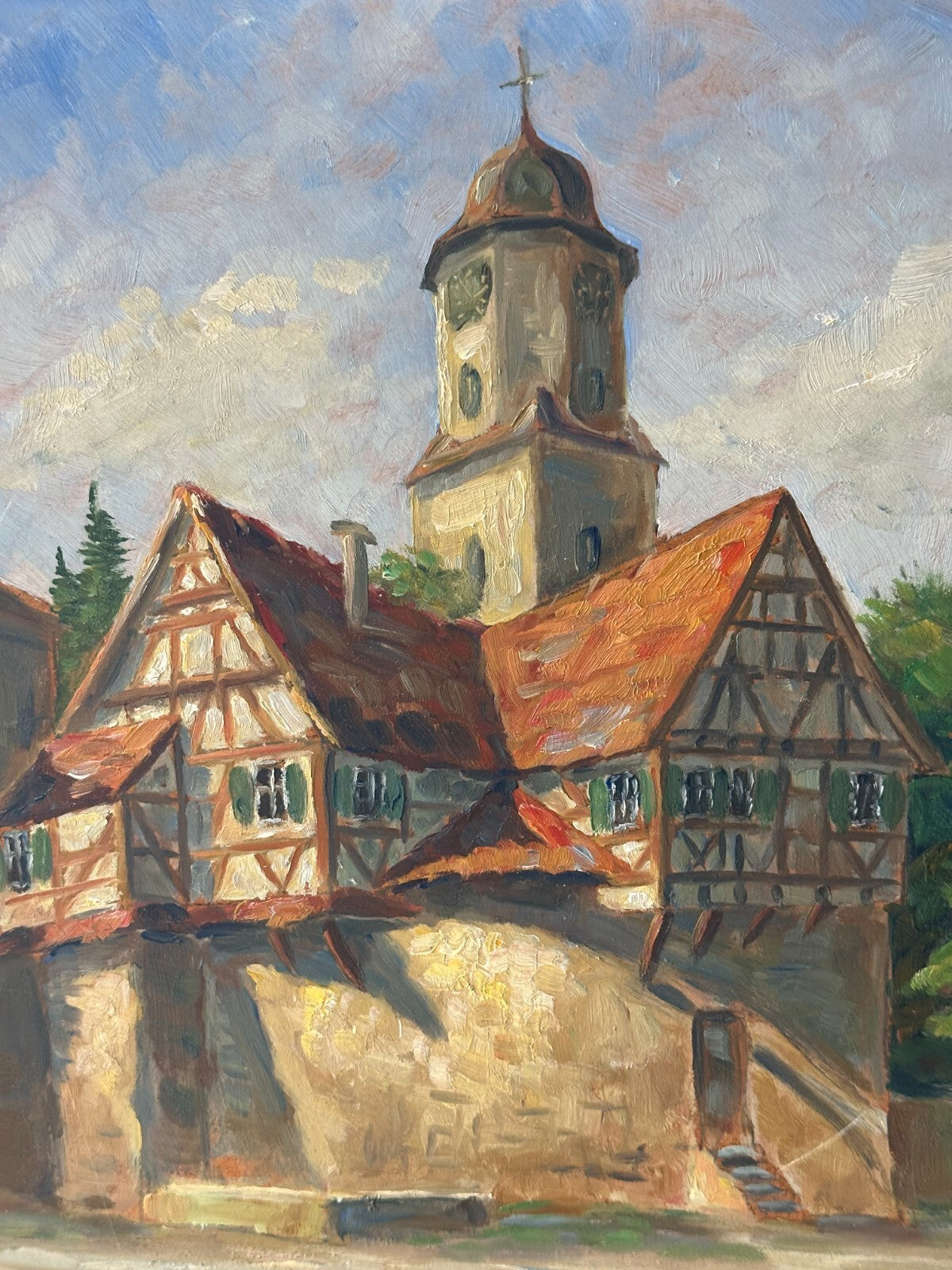 Öl auf Platte - Laichingen - 'Heiligen' mit Kirchenturm - gerahmt unsigniert2