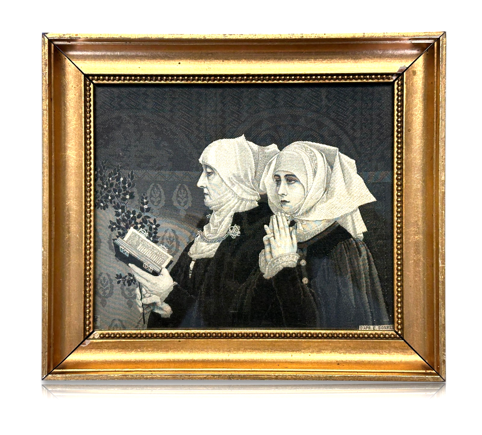 Feine französische Seidenstickerei nach Édouard Sonrel – Betende Nonnen um 18800