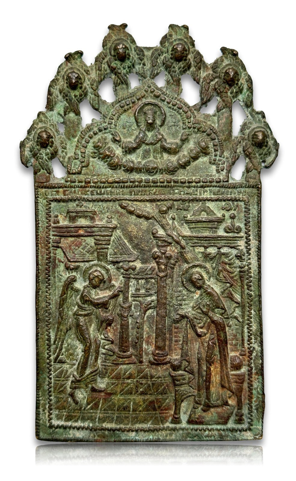 Antike russische Ikone - Die Verkündigung der Jungfrau Maria - Bronze um 18000