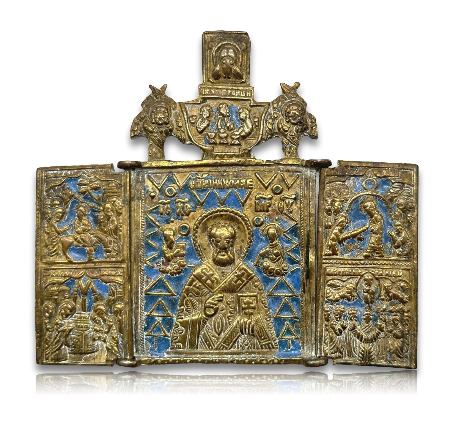 Antike russische Ikone - Bronze - um 1800-1840 - Hl.Nikolaus - Tetraptychon0