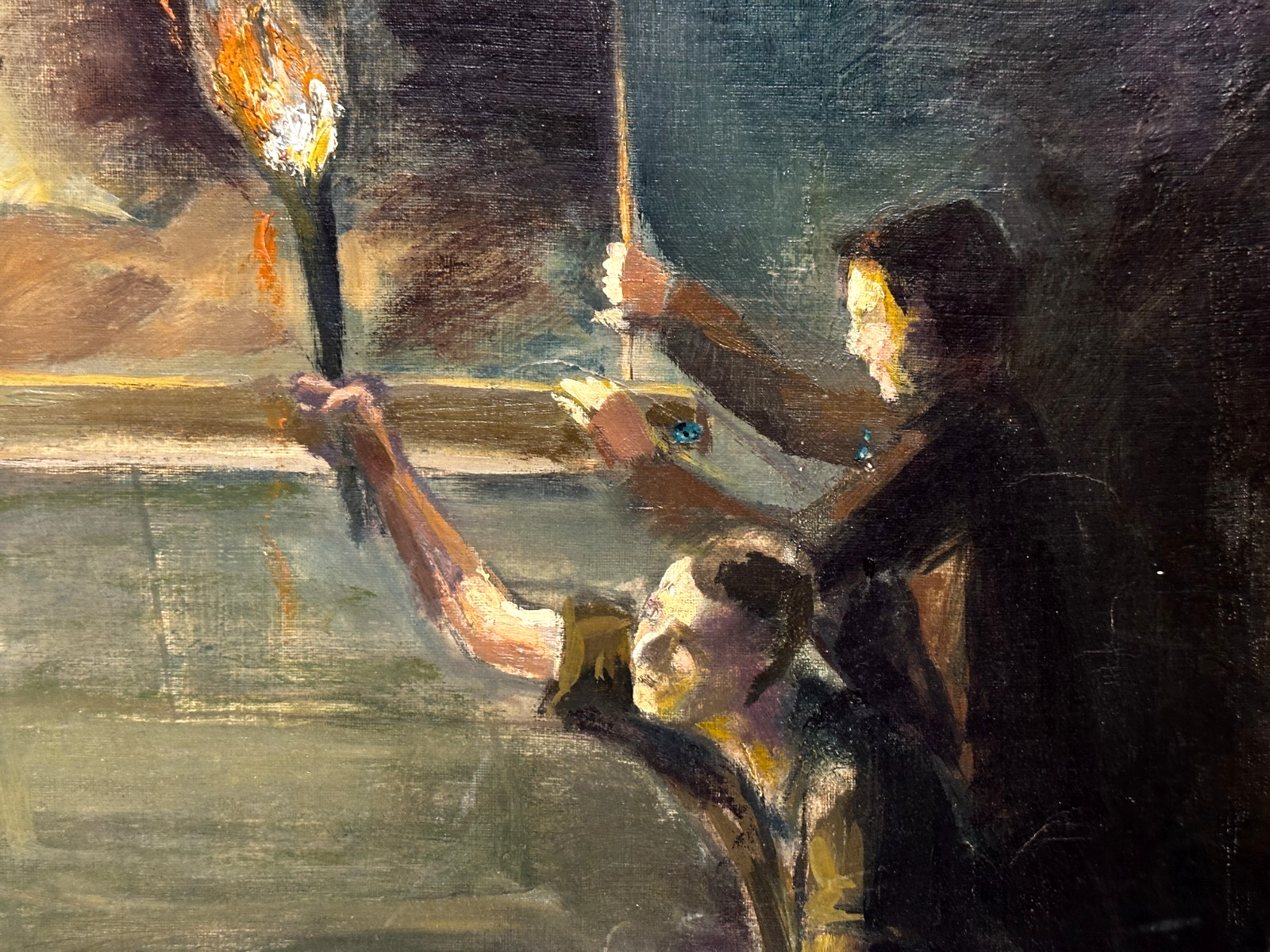 Unsigniertes Gemälde um 1950 – Nachtliche Arbeitsszene – Öl auf Leinwand5