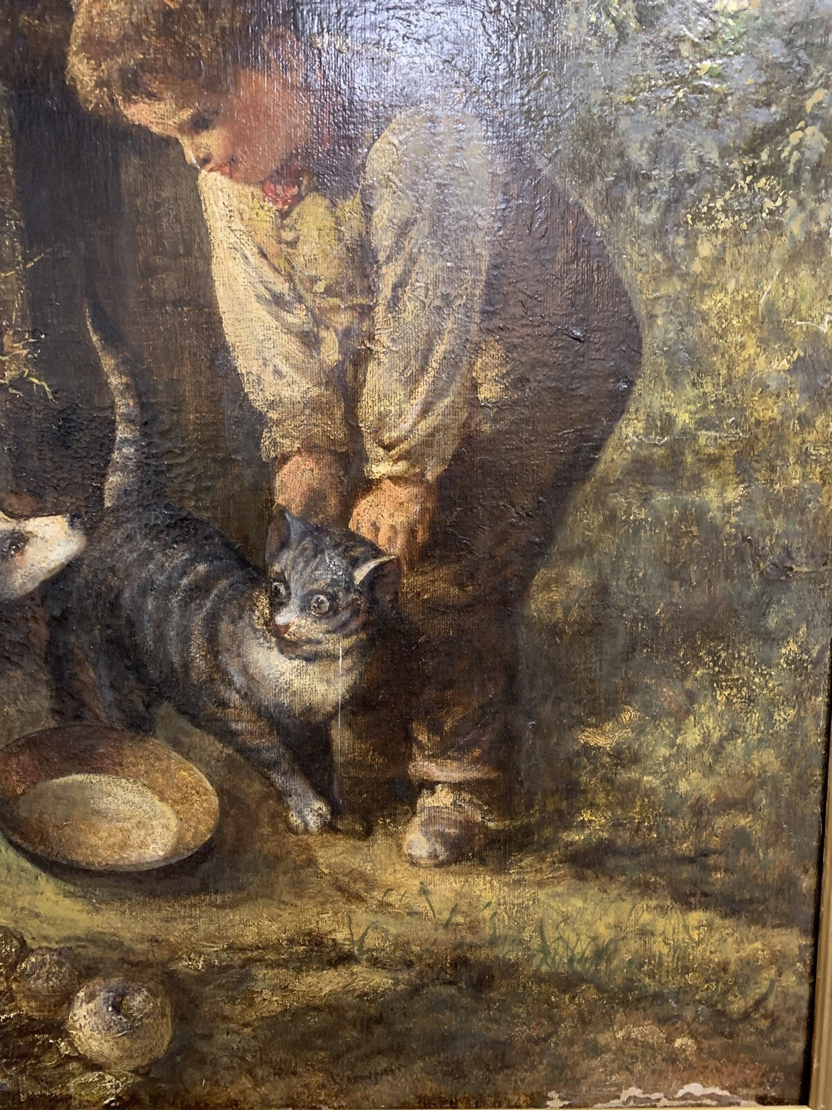 Jules Dhotretiz - Ölgemälde Leinwand um 1850 - Junger Knabe im Hasenstall 6