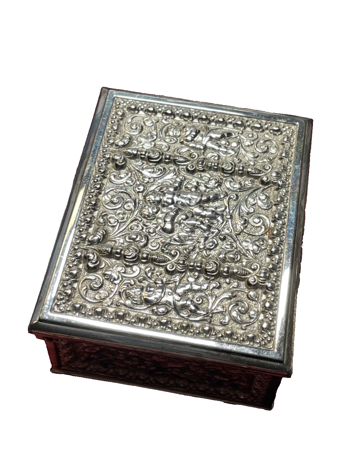 Kleine alte Erhard & Söhne Schatulle Silber farb. Putten Engel Dekor rar Metall15
