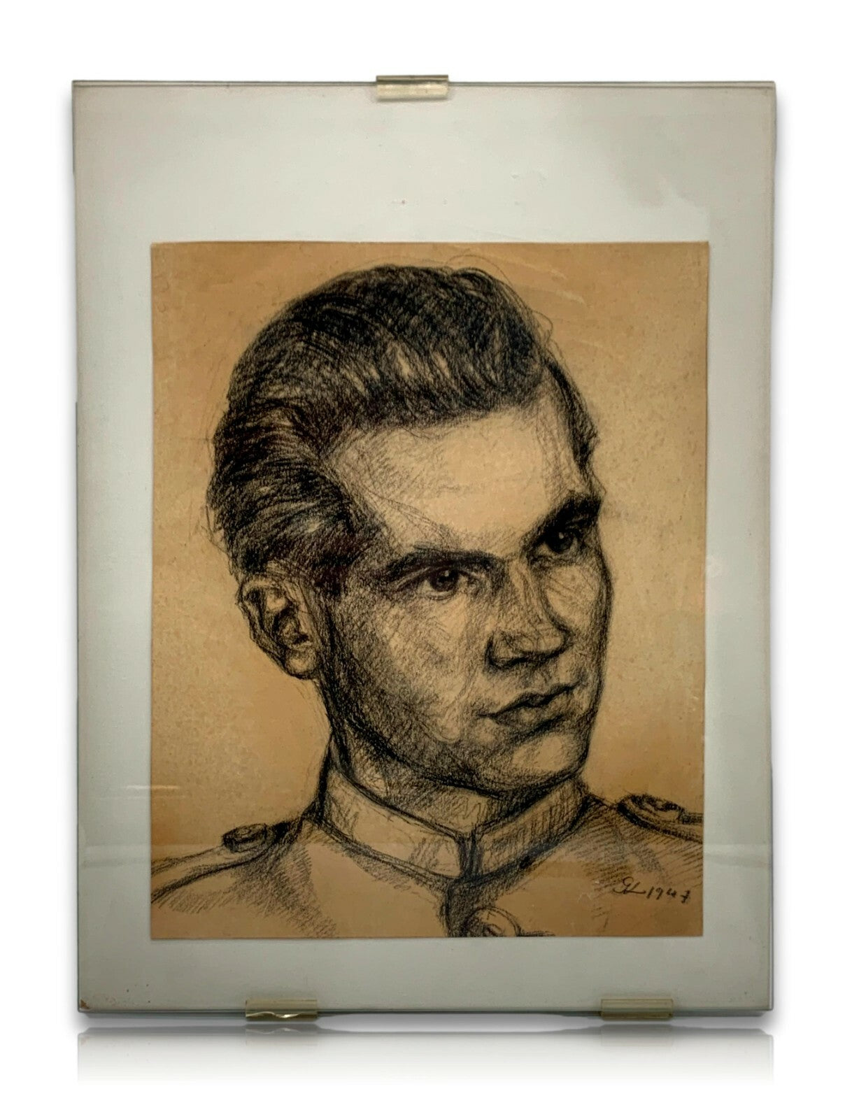 Soldaten Portrait Porträt - Monogramm 1947 - Kohle auf Papier - gerahmt Glas0