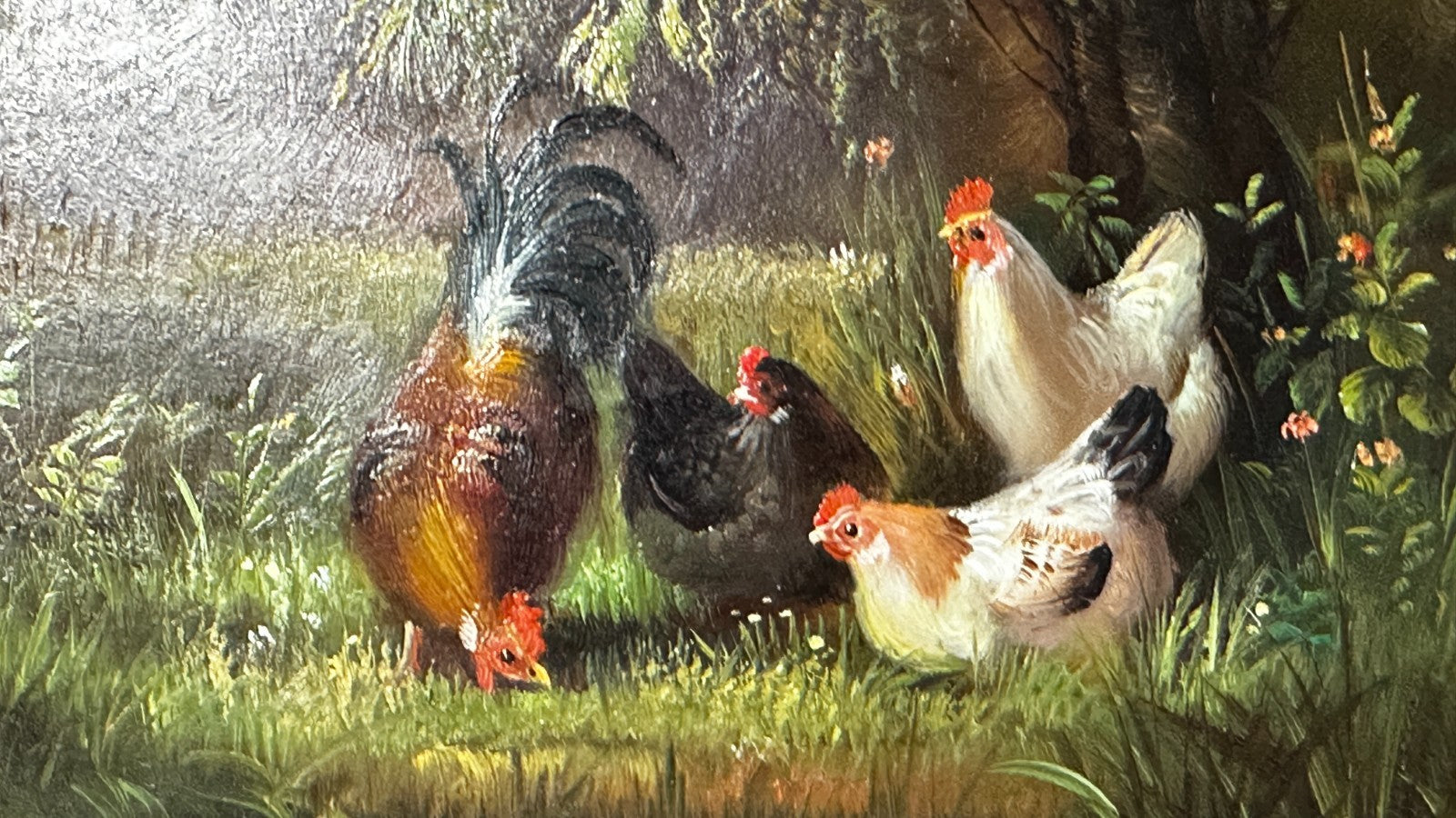 Samuel Koch - Hühner & Hahn am Teich - Öl/Holzplatte - signiert - Tiermalerei1