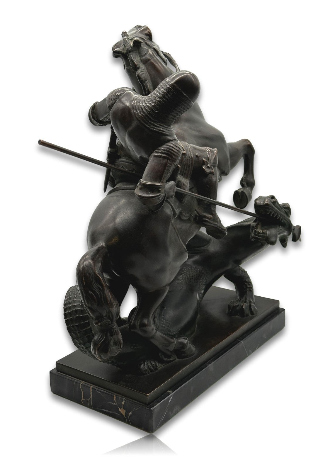 Große Bronze Skulptur - Hl. Georg tötet Drachen - um 1930 - auf Marmorsockel2