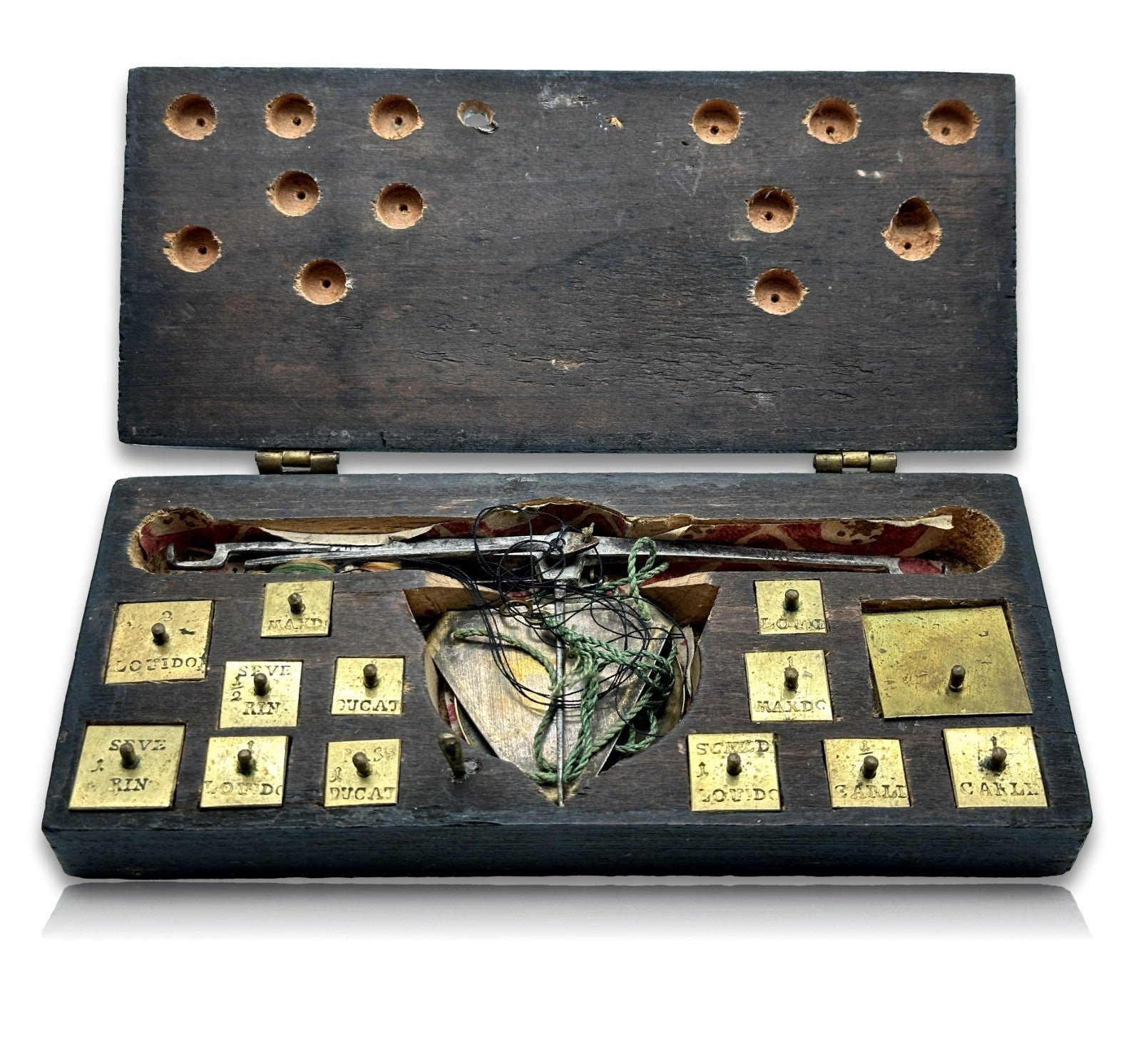 Antike Coin Scale um 1820 – Holzschatulle - Messinggewichte - Ducat, ½ Sovereign0