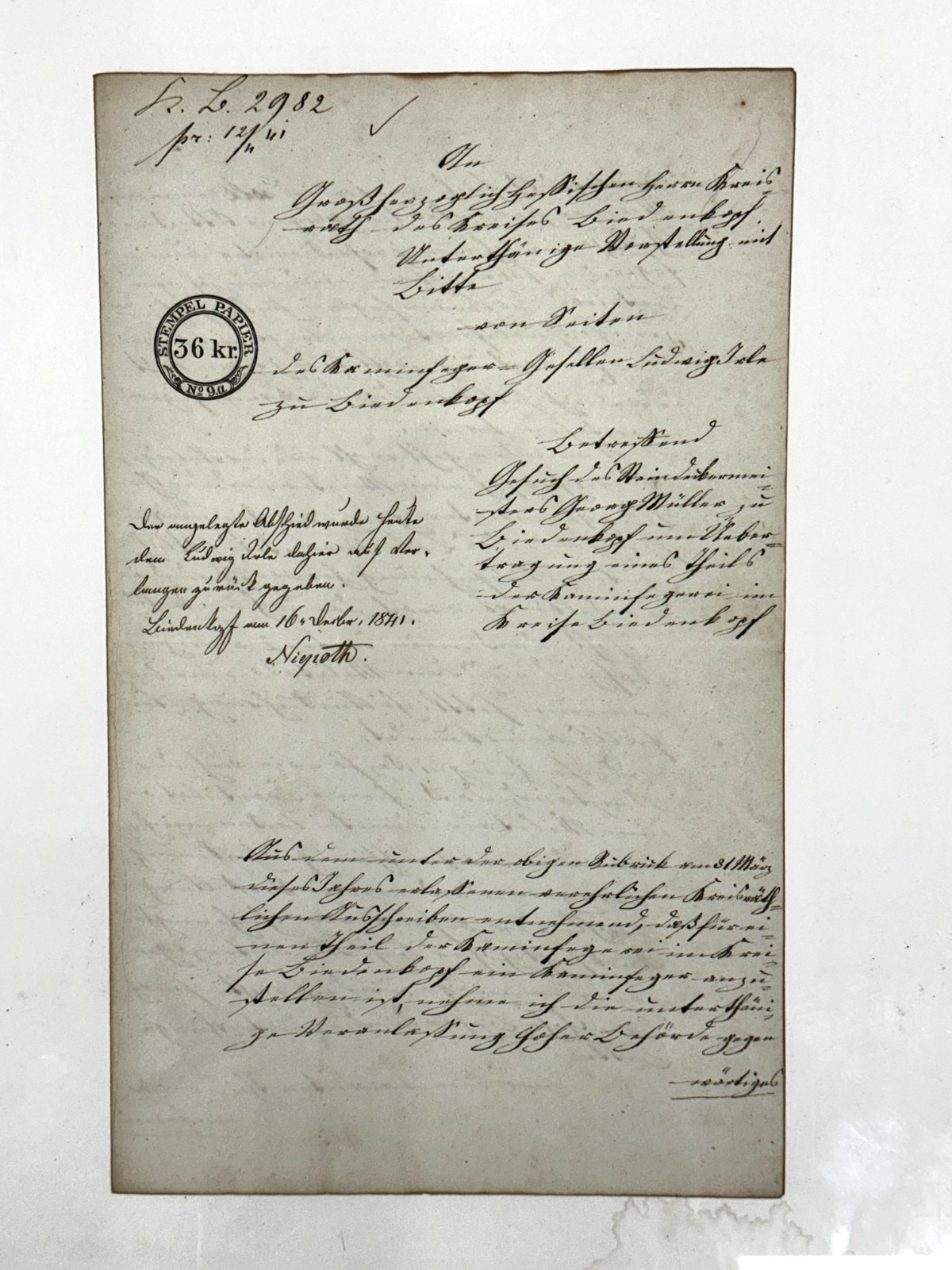 1841 Stempelpapier 36 Kreuzer – Großherzogtum Hessen – Brief Kreisamt Lindenfels1