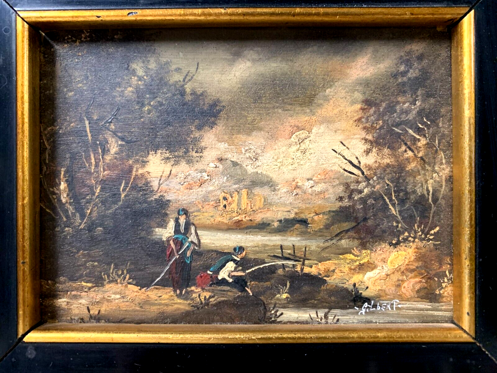 Öl auf Messingplatte - Landschaftsbild + Angler - Miniatur - gerahmt & signiert0
