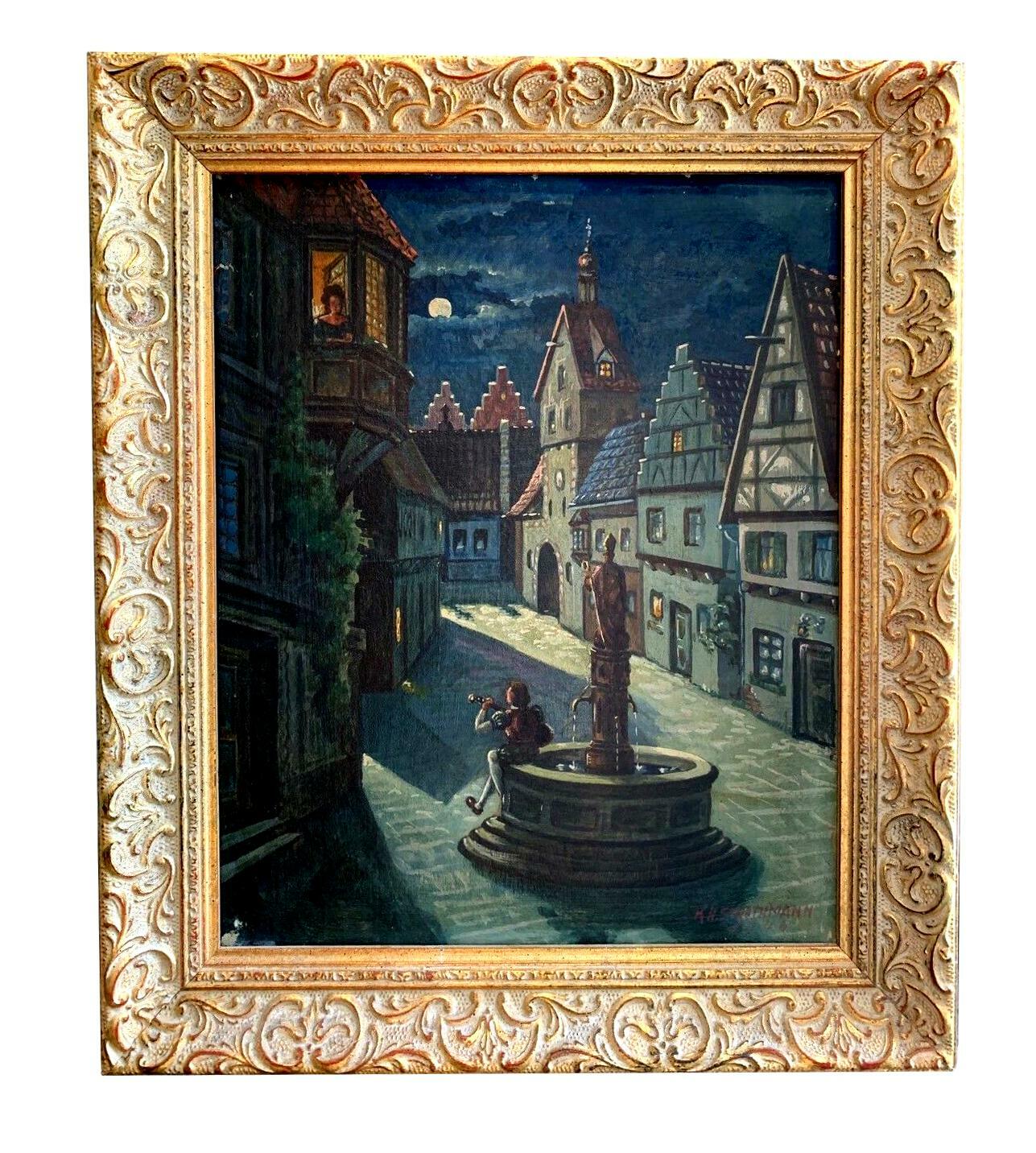 KH Strothmann 1946 - Ölgemälde - Romantischer Szene bei Vollmond - Öl auf Leinen0