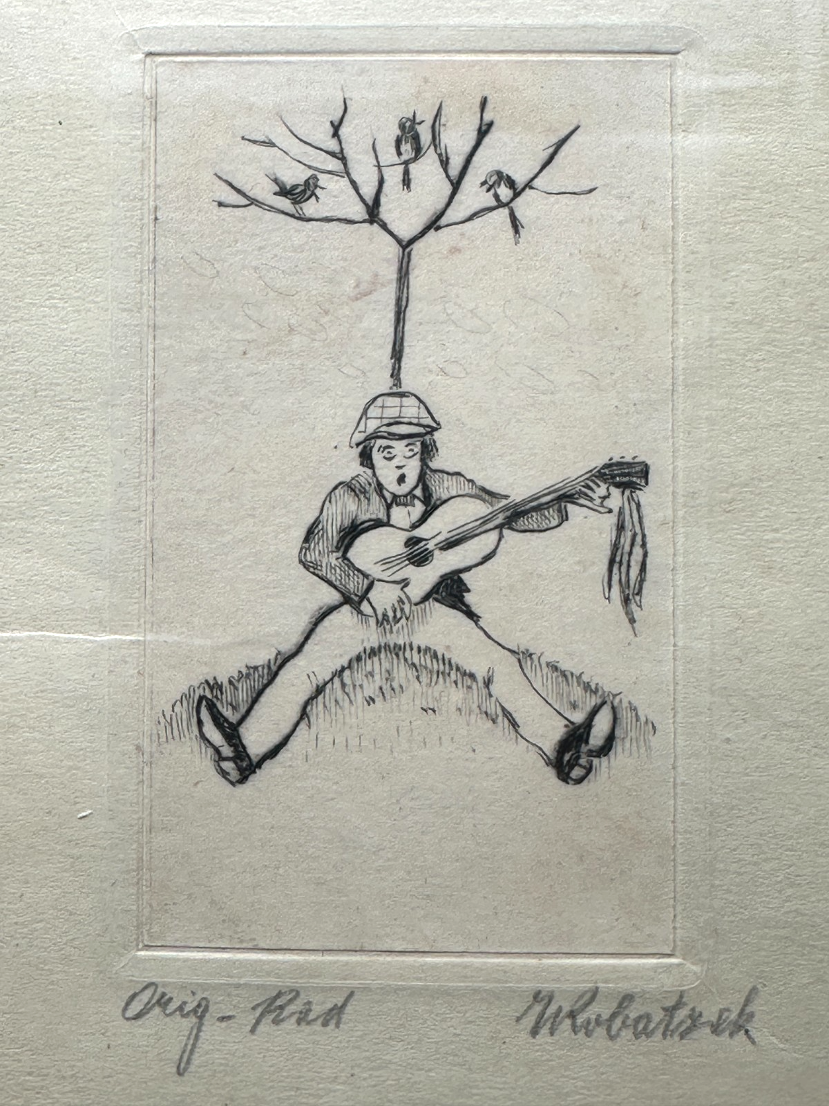 Wenzel Wobatzek - Orig.-Radierung - Musizierender Mann unter Baum - Signiert2