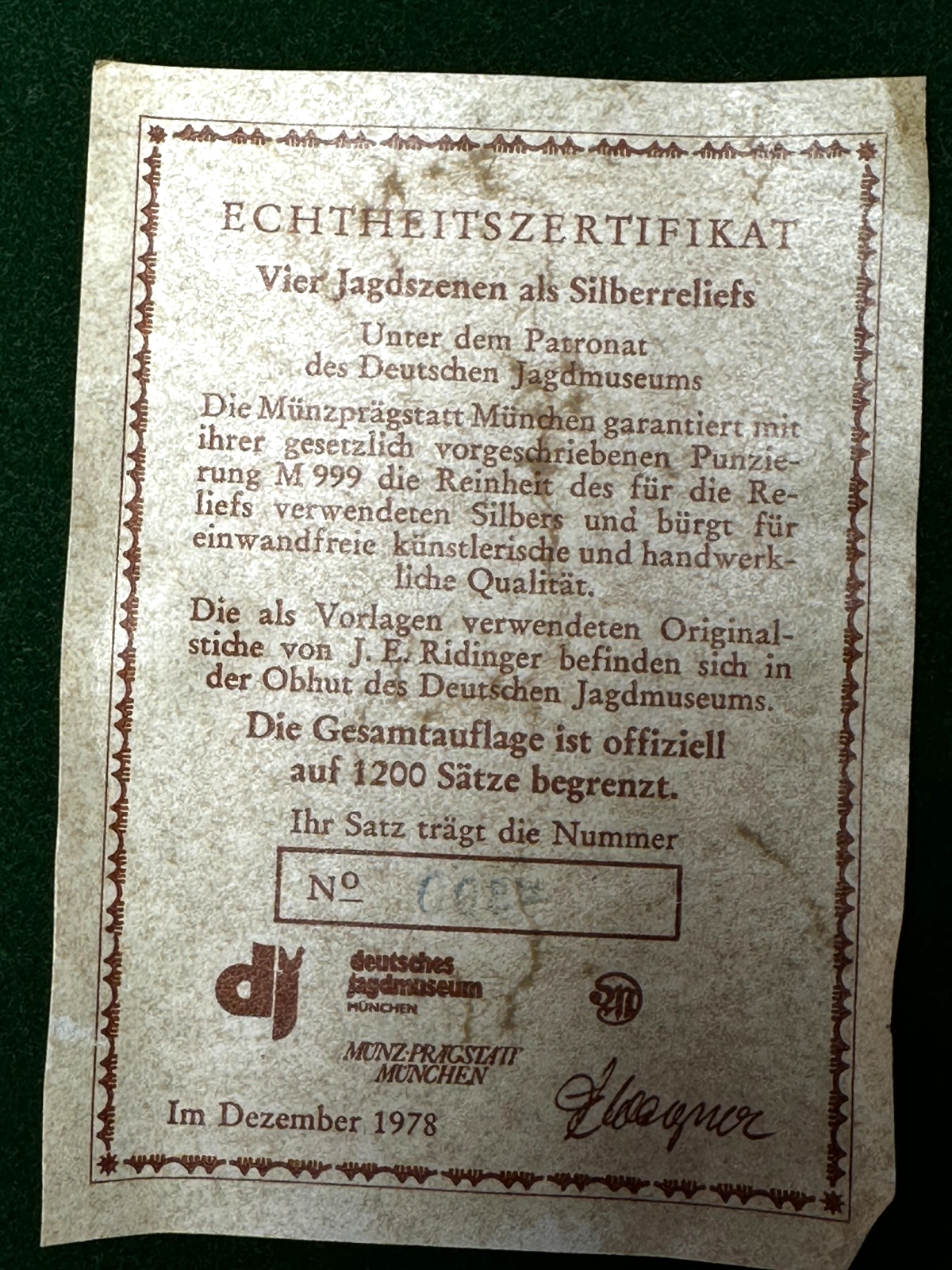 Silberrelief - Jagdszene J. E. Ridinger – Feinsilber 999 – limitiert 87/120012