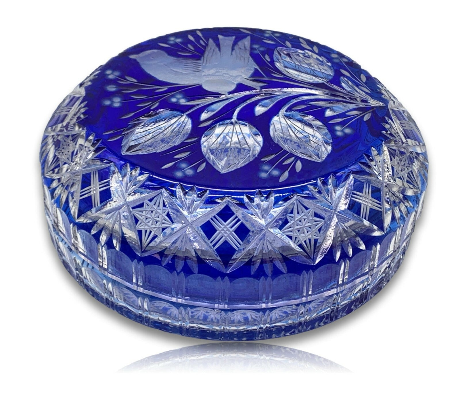 Bonboniere Deckeldose - Kristall Glas - Überfang Blau geschliffen 0