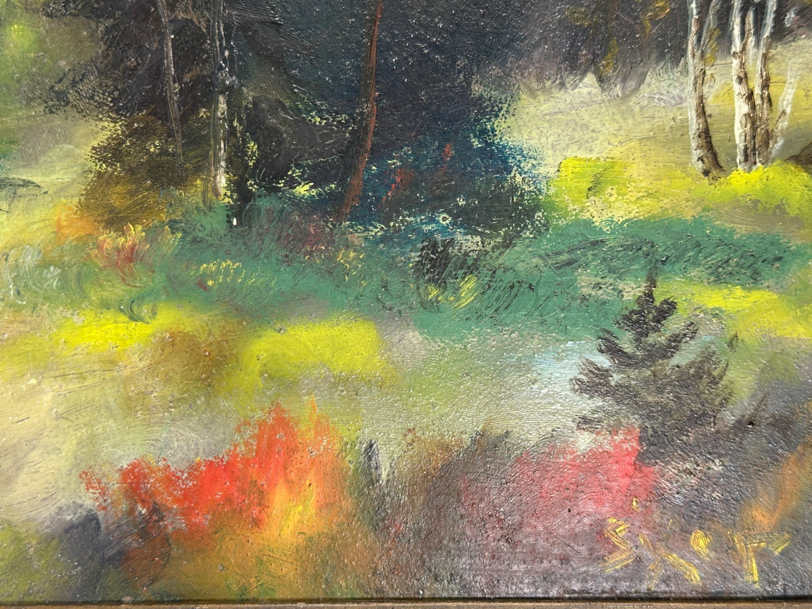Stimmungsvolle Landschaft mit Bachlauf & Bergen – Öl auf Platte, signiert „Sxor"2