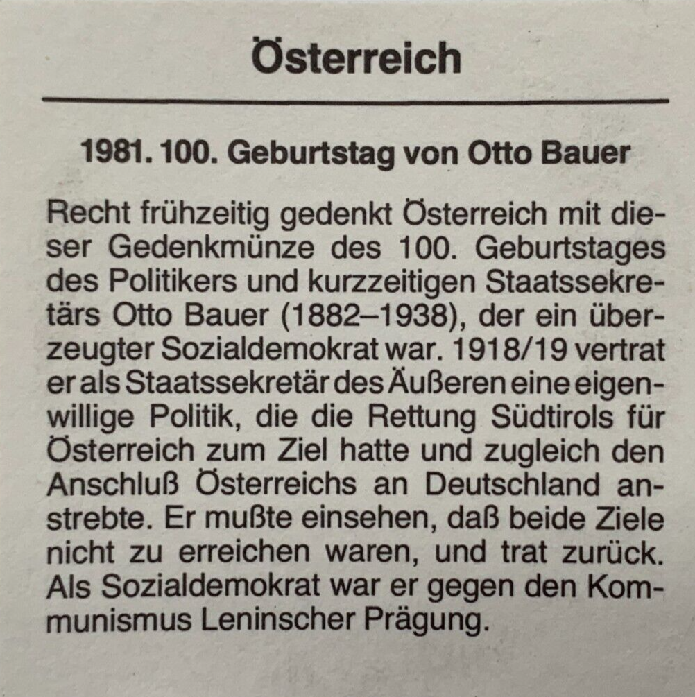 500 Schilling Österreich - Silber Münze - 100. Geburtstag Otto Bauer - Stgl2