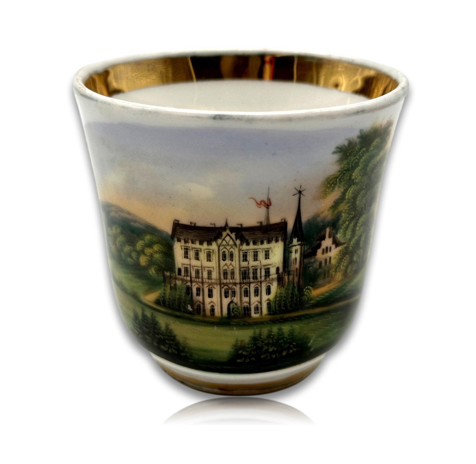 Feine Ansichtentasse mit Goldrand – Schloss Reinhardsbrunn Carl Tielsch ca. 190