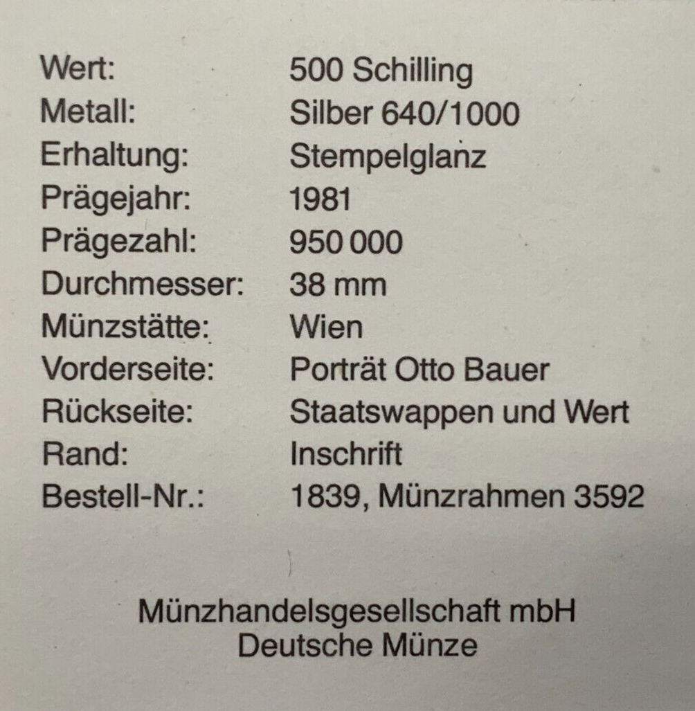 500 Schilling Österreich - Silber Münze - 100. Geburtstag Otto Bauer - Stgl3