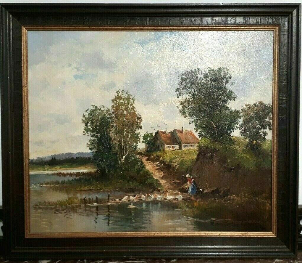 Ölgemälde Randolf Wehn 1911 - 1987 Münchner Maler - Enten fütternd - 70 x 60cm0