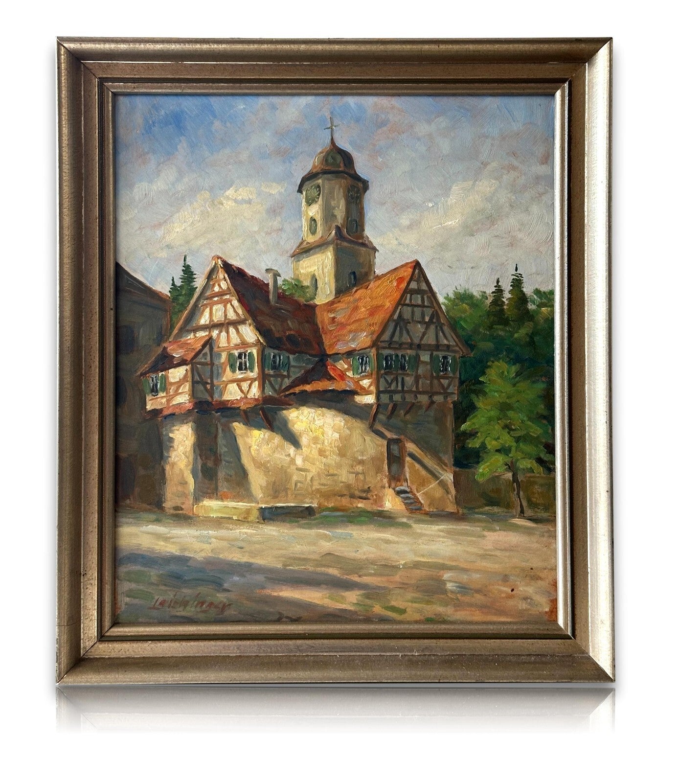 Öl auf Platte - Laichingen - 'Heiligen' mit Kirchenturm - gerahmt unsigniert0