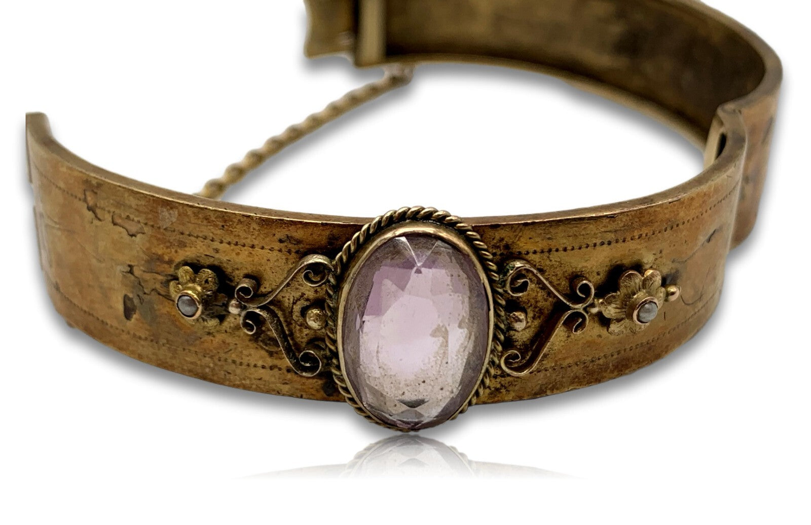 Biedermeier Armreif - 560 Gold ca. 14 Karat - Amethyst mit Saatperlen - um 18303