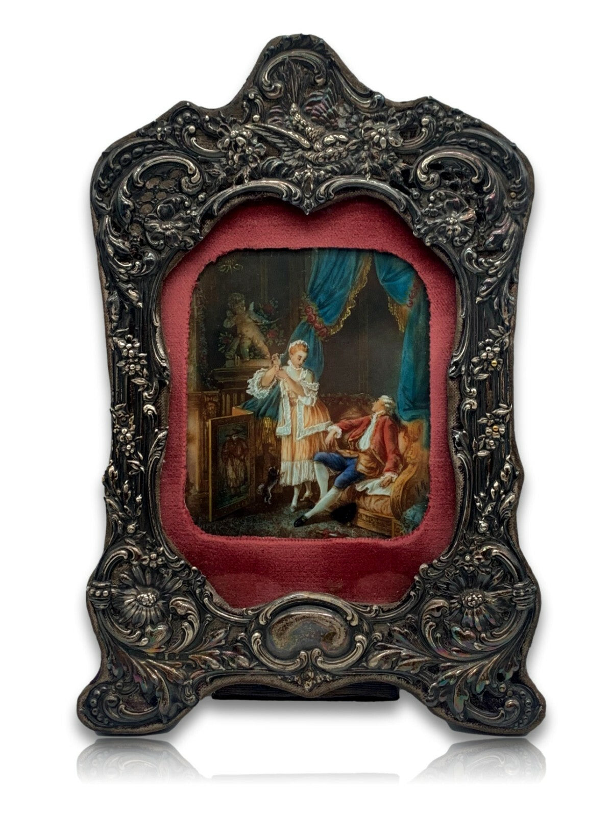 Miniatur Lupenmalerei barockes Bild - Gouache - Silberrahmen um 1899 - signiert0