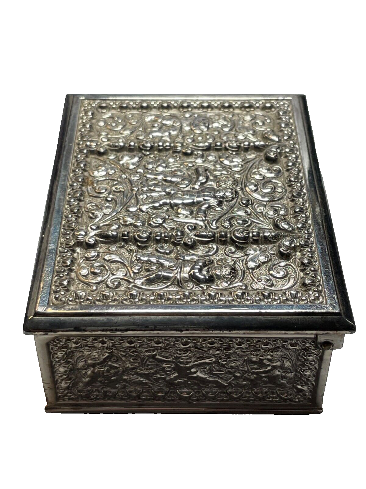 Kleine alte Erhard & Söhne Schatulle Silber farb. Putten Engel Dekor rar Metall9