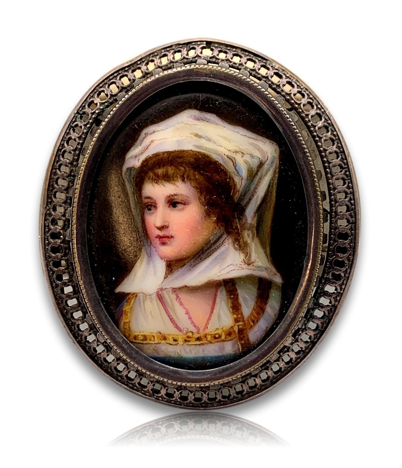 Anhänger - Brosche - Silber - Miniatur Lupenmalerei um 1830 - Junge Frau Tracht0