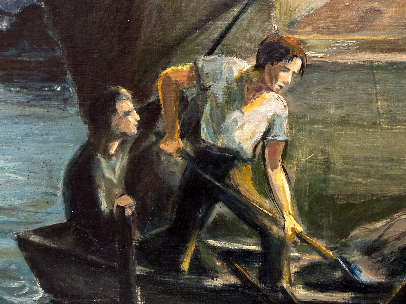 Unsigniertes Gemälde um 1950 – Nachtliche Arbeitsszene – Öl auf Leinwand2