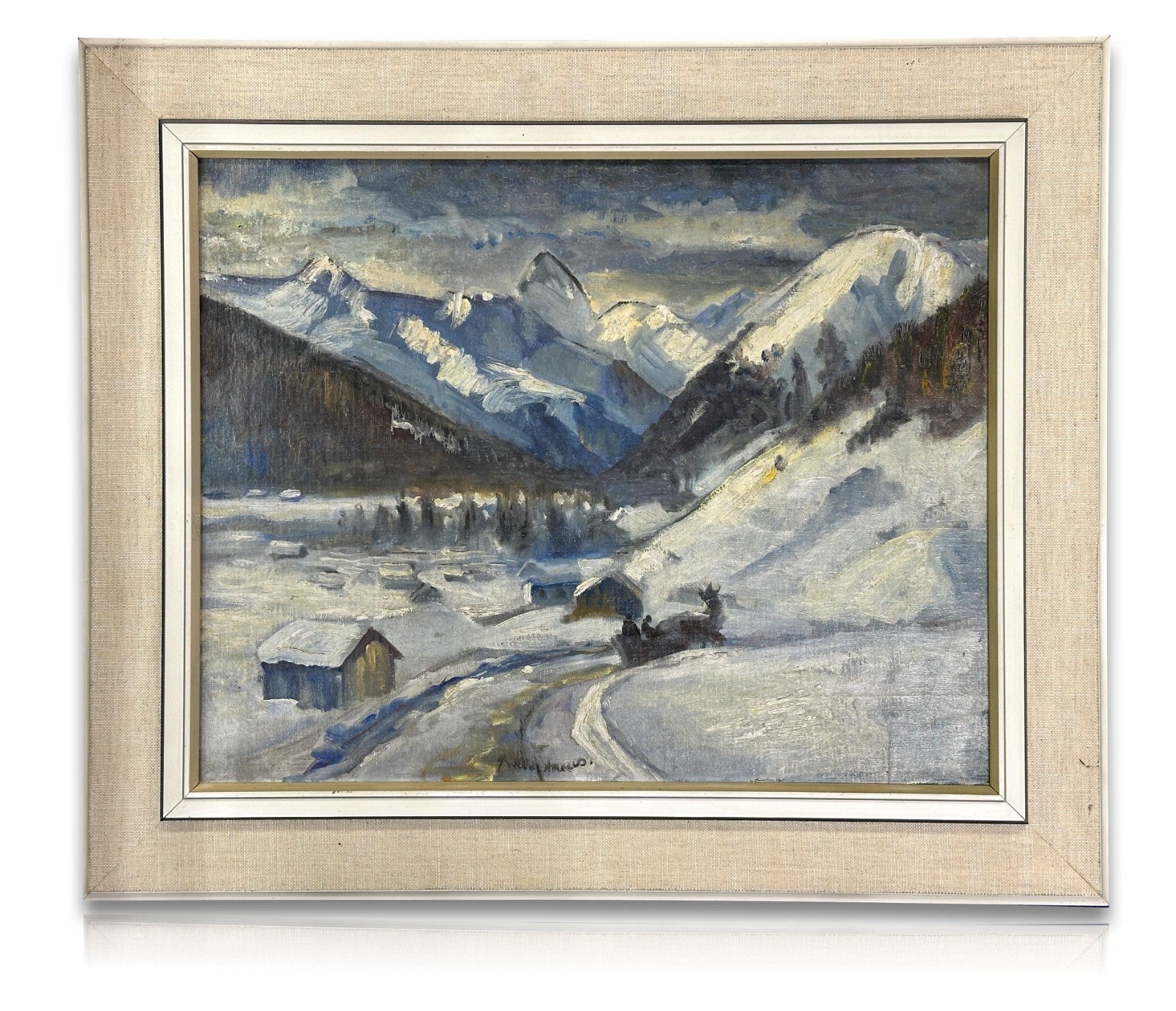 Winterliche Alpenlandschaft mit Gehöften und Schlitten – Öl auf Hartfaserplatte0