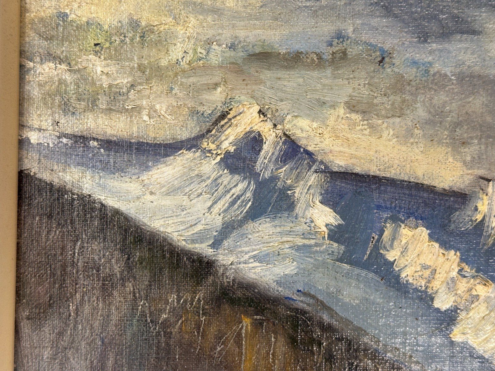 Winterliche Alpenlandschaft mit Gehöften und Schlitten – Öl auf Hartfaserplatte3
